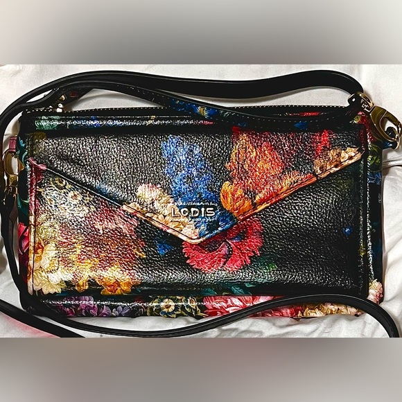 Black Leather clutch with flowers and crossbody shoulder bag. LODIS 9x5x0.5” - Picture 7 of 13